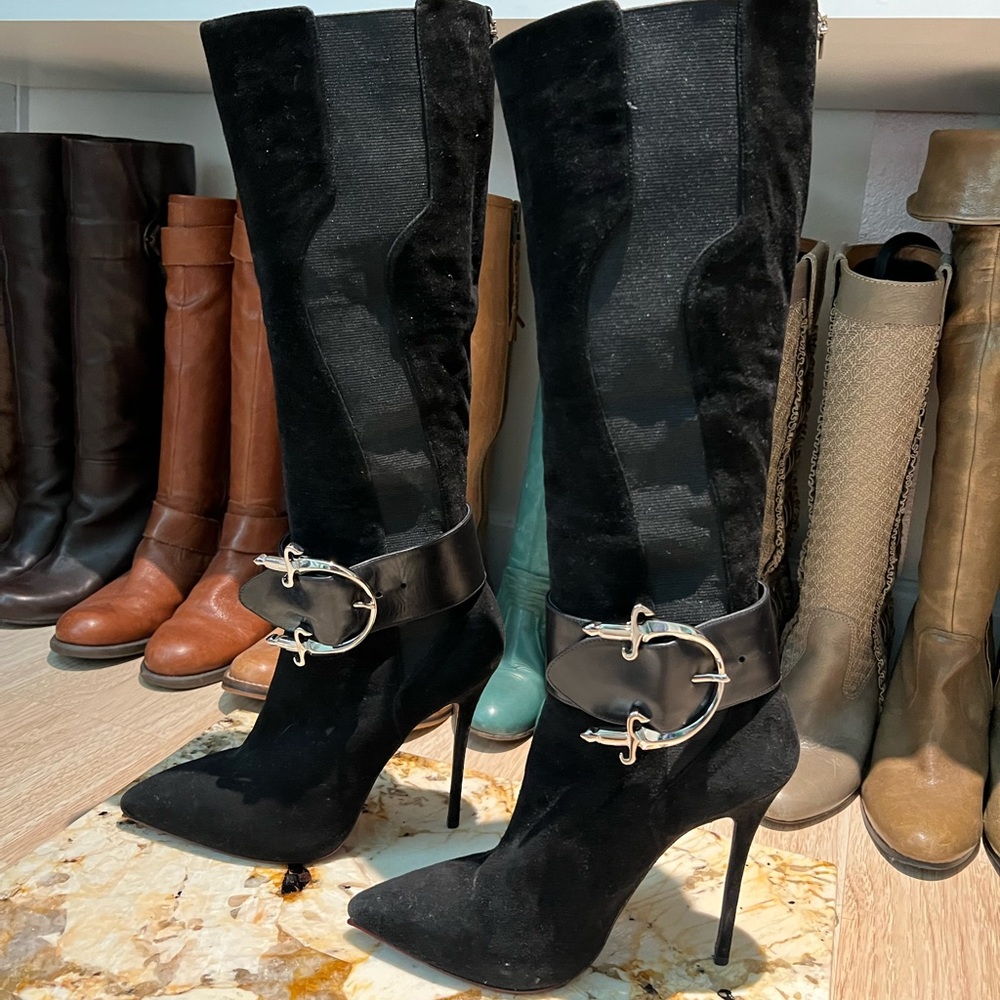 Cesare Paciotti Black Suede High-Heel Knee Boots with Silver Buckle